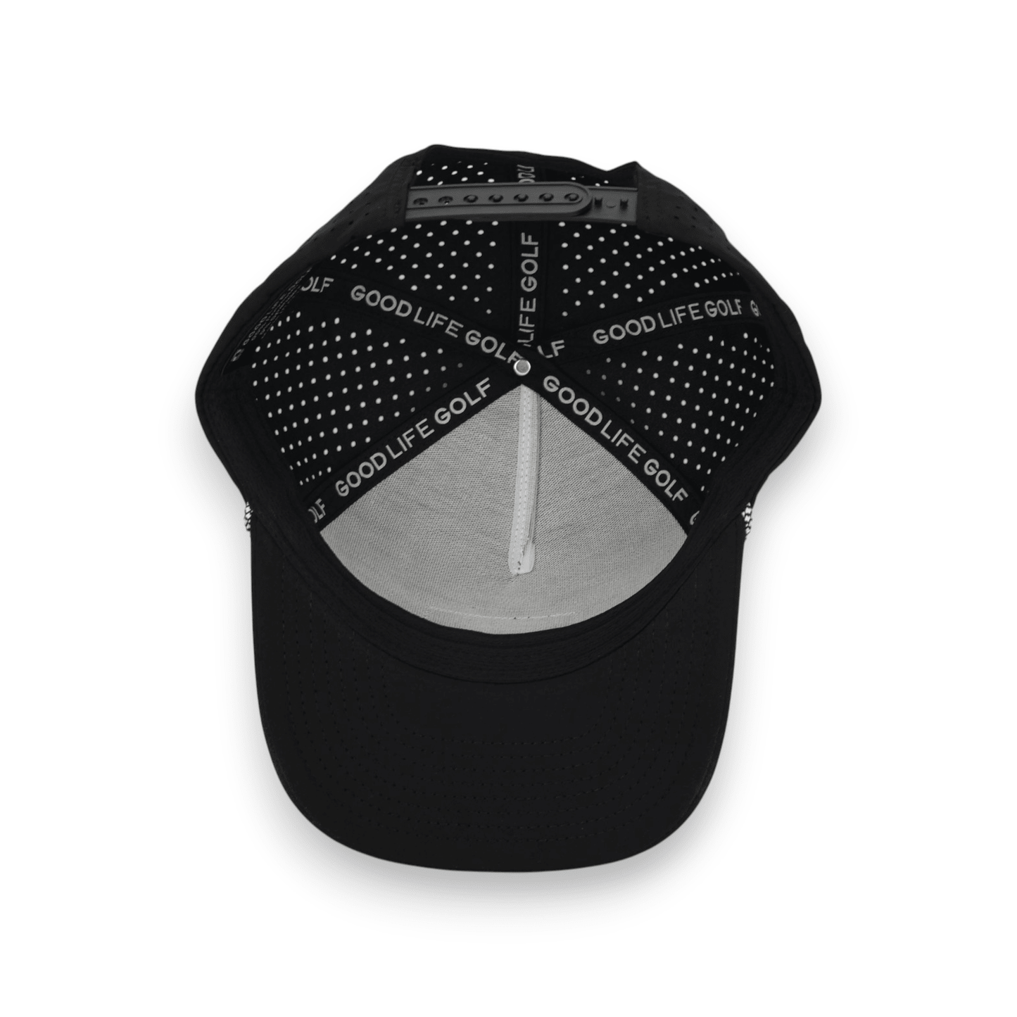 Good Life Golf Performance Icon Black Snapback with black front PVC patch white and black checkered rope, water and sweat resistant perforated sides.  