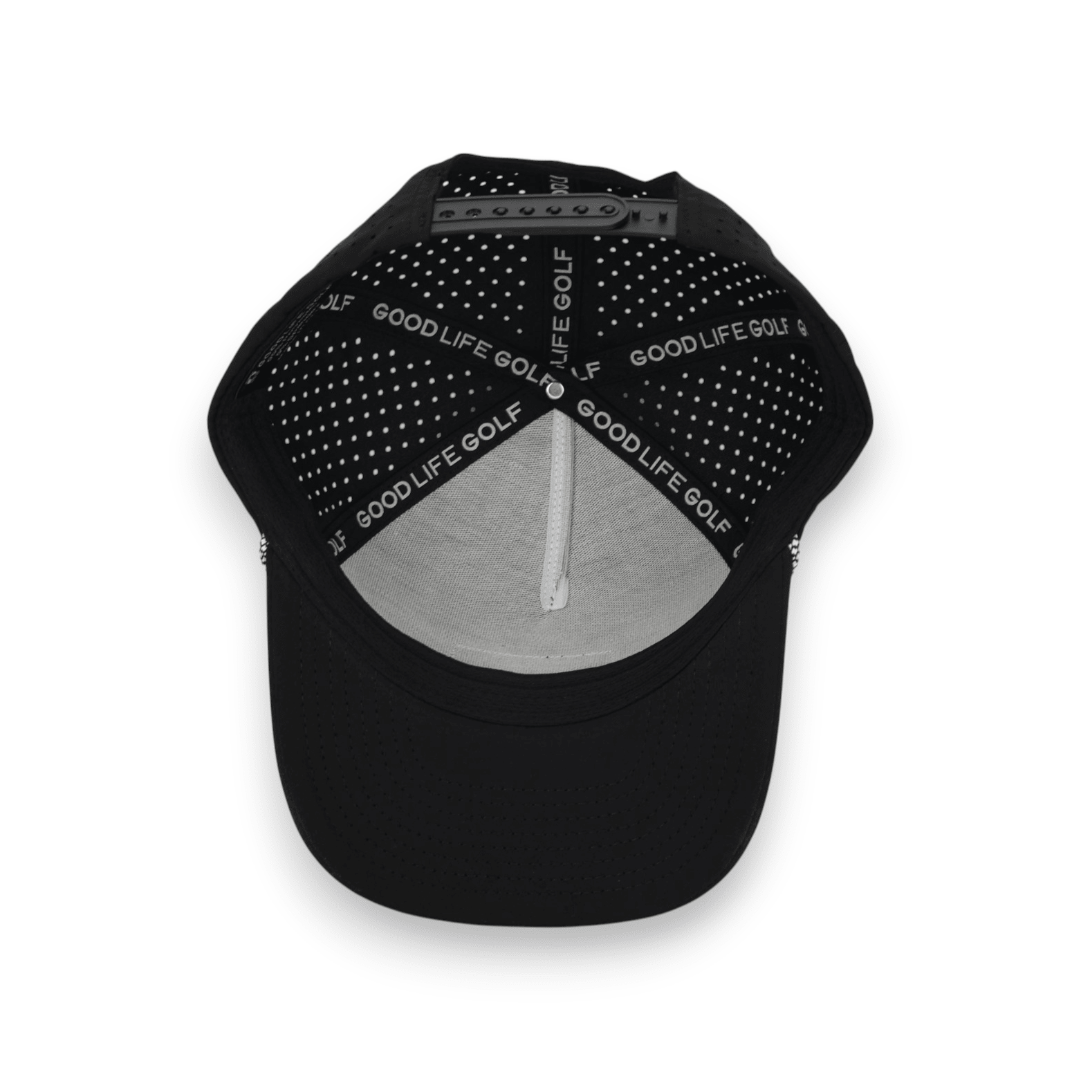 Good Life Golf Performance Icon Black Snapback with black front PVC patch white and black checkered rope, water and sweat resistant perforated sides.  