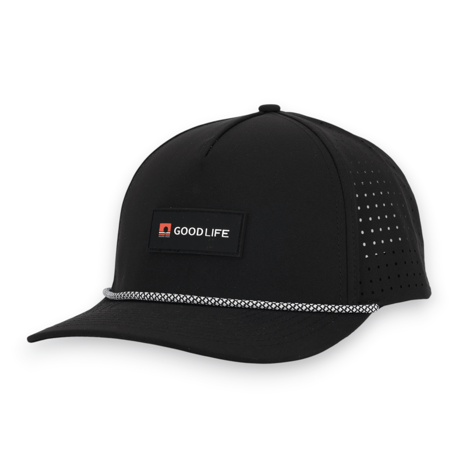 Good Life Golf Performance Icon Black Snapback with black front PVC patch white and black checkered rope, water and sweat resistant perforated sides.  