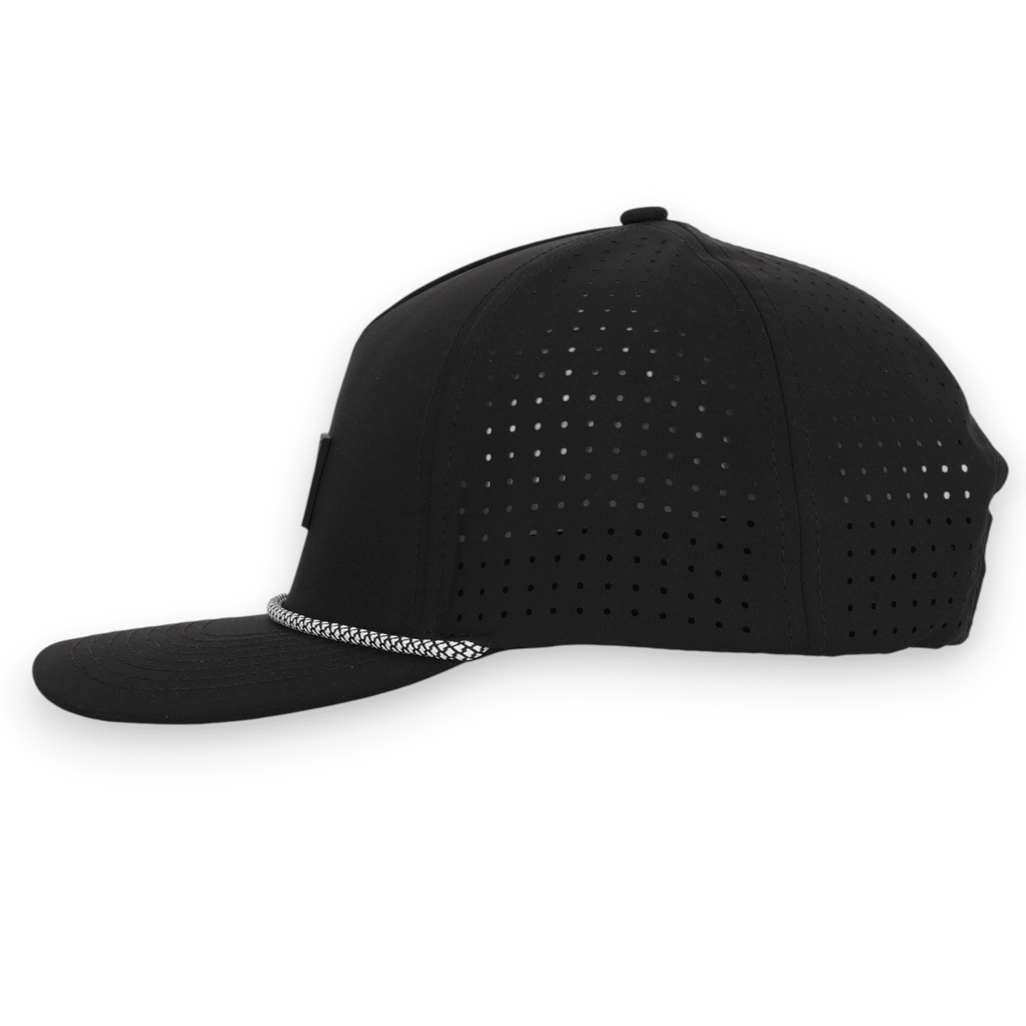 Good Life Golf Performance Icon Black Snapback with black front PVC patch white and black checkered rope, water and sweat resistant perforated sides.  