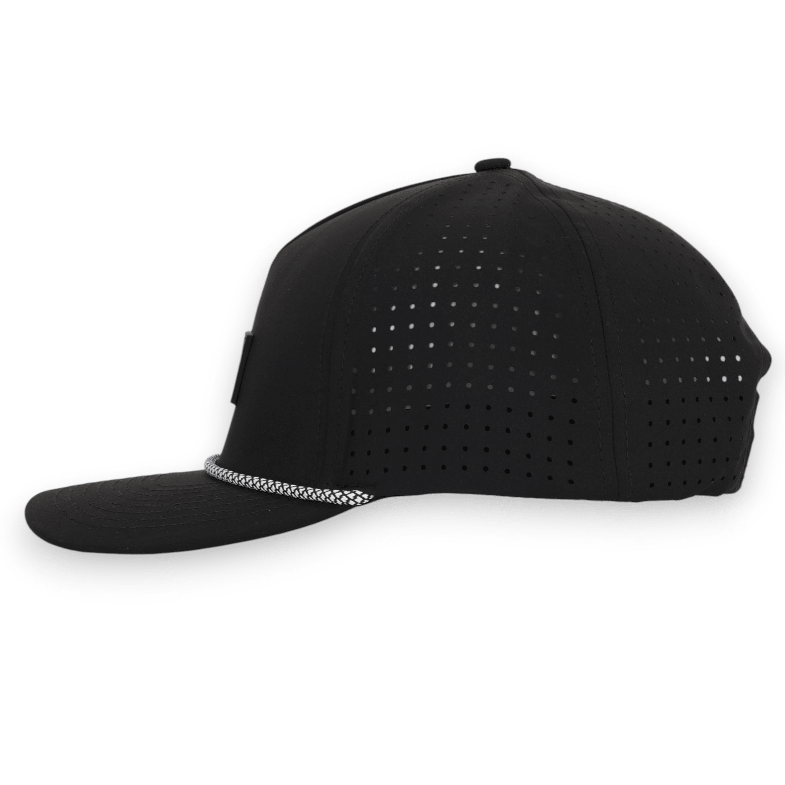 Good Life Golf Performance Icon Black Snapback with black front PVC patch white and black checkered rope, water and sweat resistant perforated sides.  