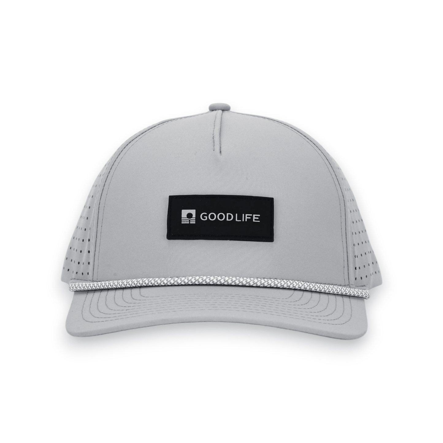 Good Life Golf Performance Icon Gray Smoke Snapback with black front PVC patch white and gray checkered front rope, water and sweat resistant perforated sides.  