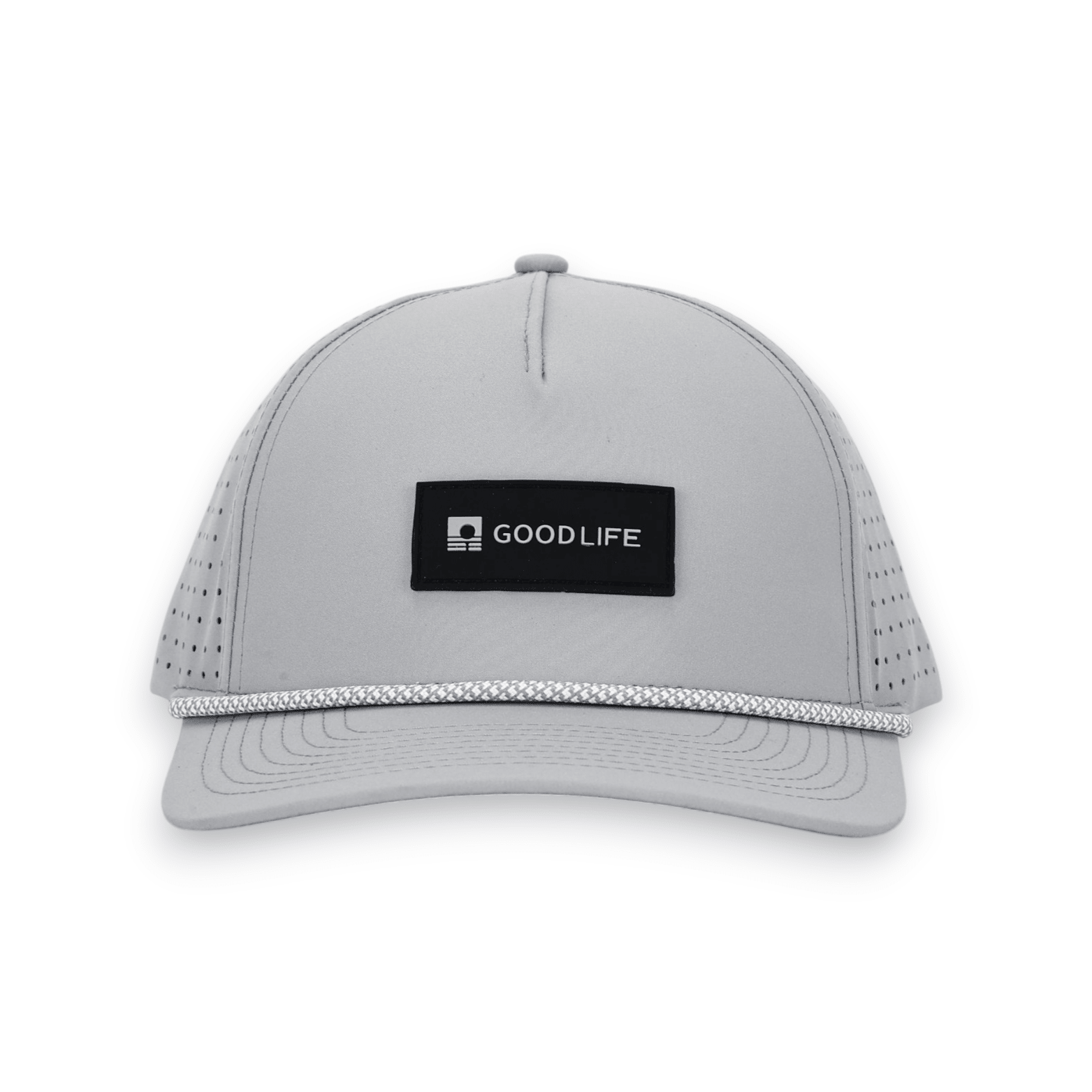 Good Life Golf Performance Icon Gray Smoke Snapback with black front PVC patch white and gray checkered front rope, water and sweat resistant perforated sides.  