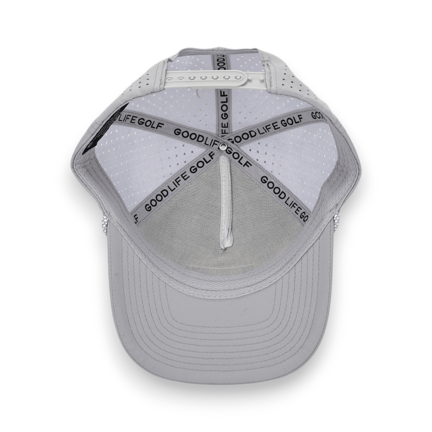 Good Life Golf Performance Icon Gray Smoke Snapback with black front PVC patch white and gray checkered front rope, water and sweat resistant perforated sides.  