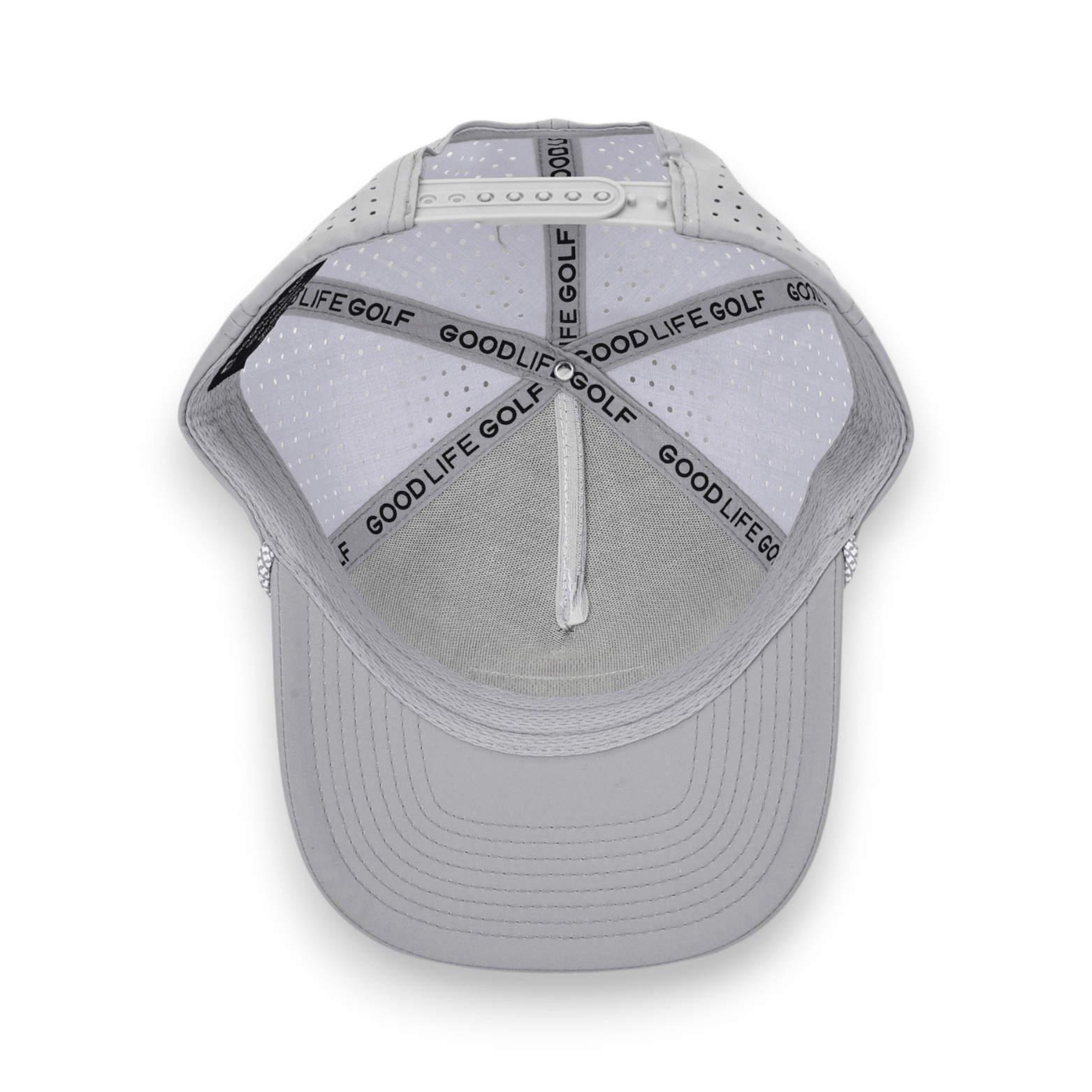 Good Life Golf Performance Icon Gray Smoke Snapback with black front PVC patch white and gray checkered front rope, water and sweat resistant perforated sides.  