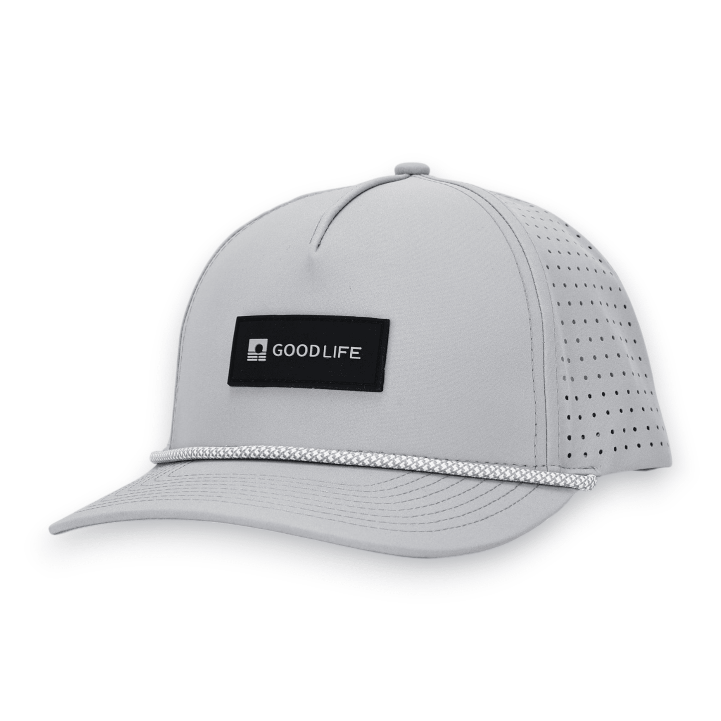 Good Life Golf Performance Icon Gray Smoke Snapback with black front PVC patch white and gray checkered front rope, water and sweat resistant perforated sides.  