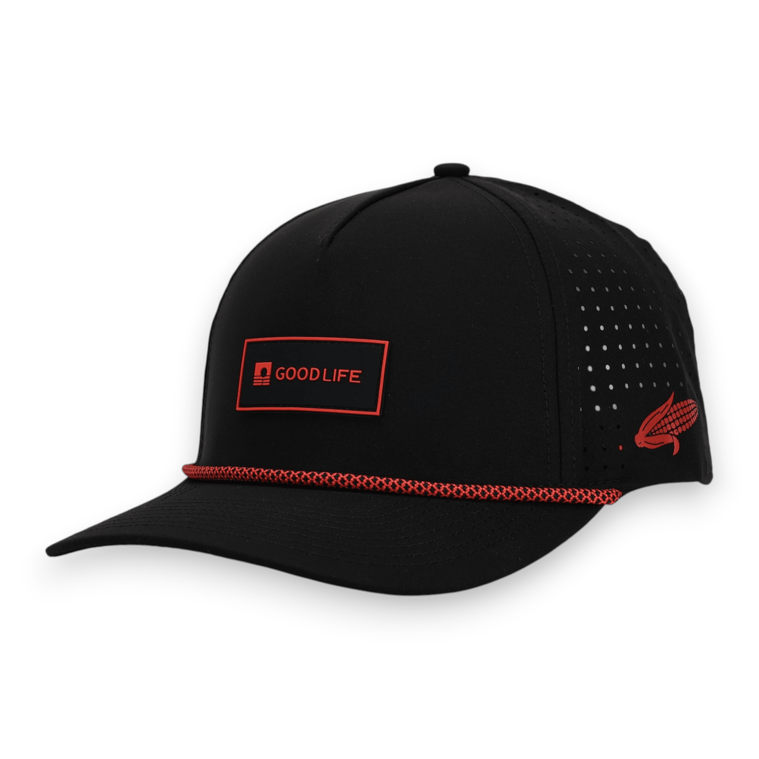 Good Life Golf Performance Icon Nebraska Snapback with black and red front PVC patch red and black checkered rope, water and sweat resistant perforated sides.  