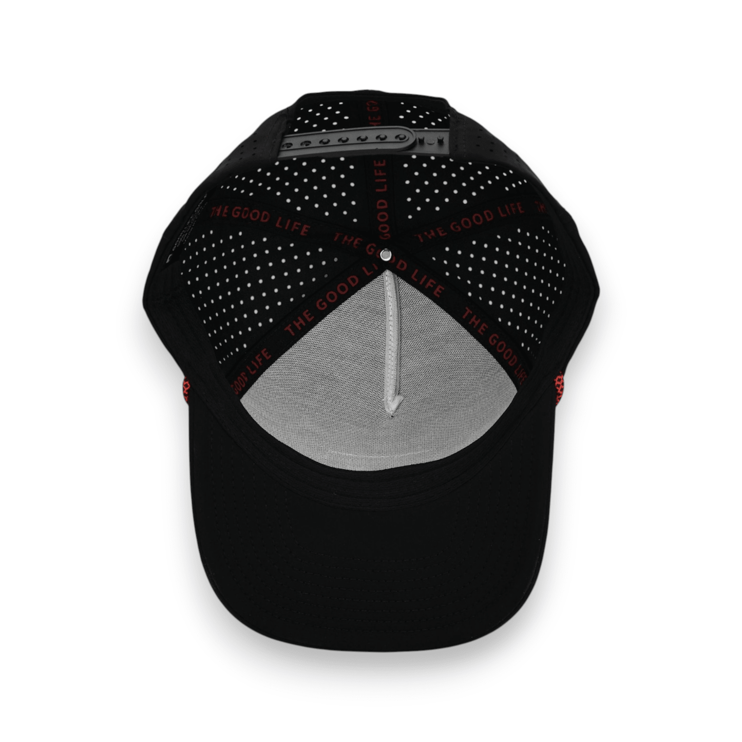 Good Life Golf Performance Icon Nebraska Snapback with black and red front PVC patch red and black checkered rope, water and sweat resistant perforated sides.  