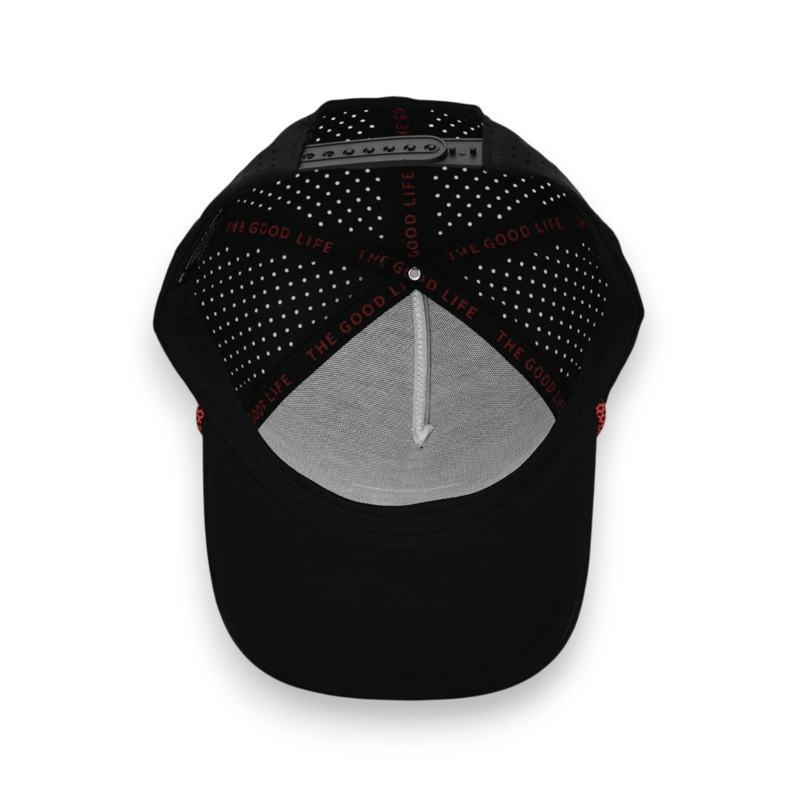 Good Life Golf Performance Icon Nebraska Snapback with black and red front PVC patch red and black checkered rope, water and sweat resistant perforated sides.  