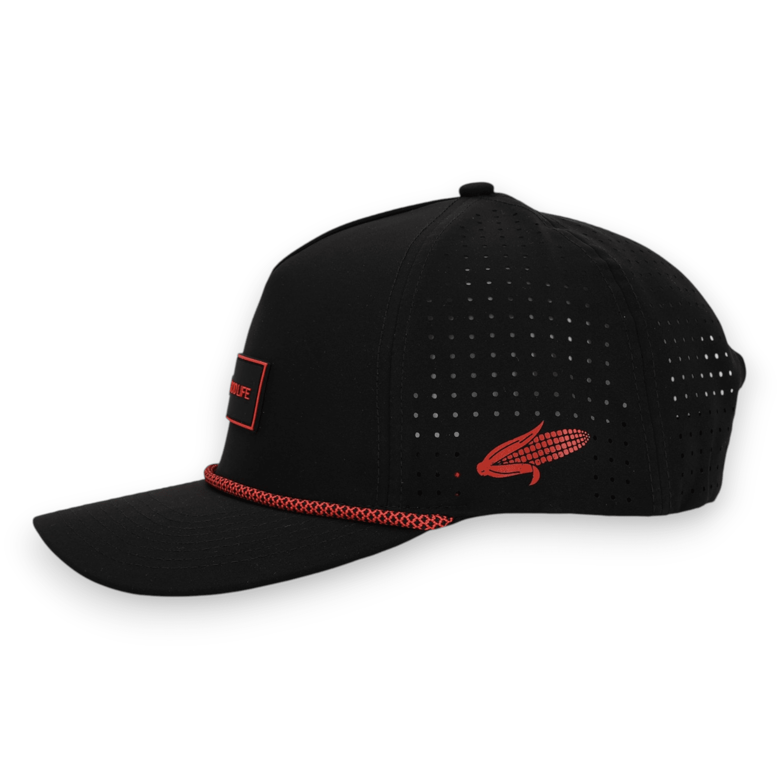 Good Life Golf Performance Icon Nebraska Snapback with black and red front PVC patch red and black checkered rope, corn emblem water and sweat resistant perforated sides.  