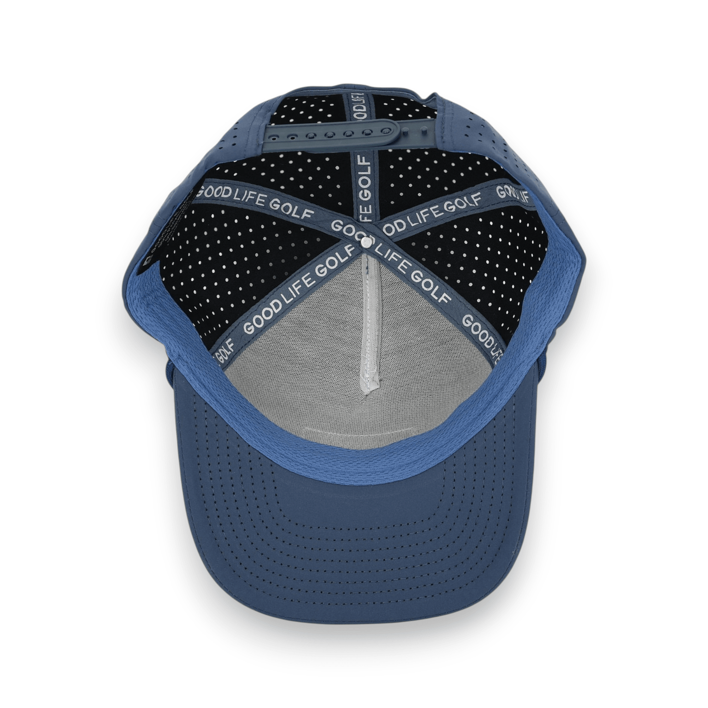 Good Life Golf Performance Icon Sandy Beach Blue Snapback with white front PVC patch blue front rope, water and sweat resistant perforated sides.  