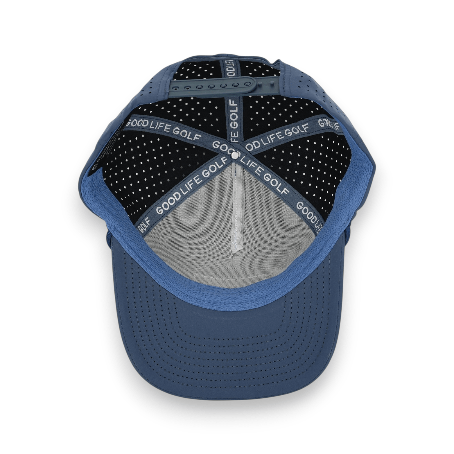 Good Life Golf Performance Icon Sandy Beach Blue Snapback with white front PVC patch blue front rope, water and sweat resistant perforated sides.  