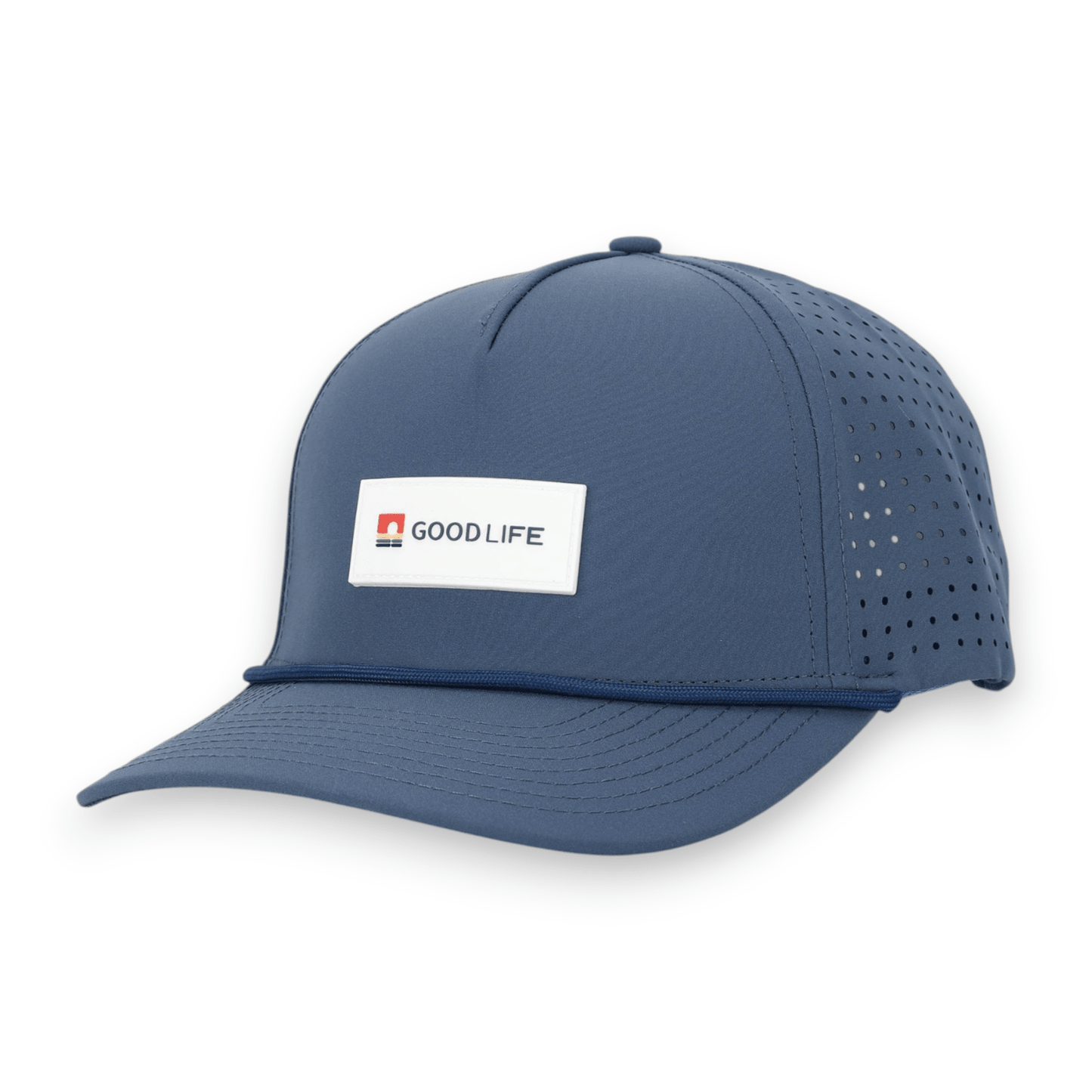 Good Life Golf Performance Icon Sandy Beach Blue Snapback with white front PVC patch blue front rope, water and sweat resistant perforated sides.  