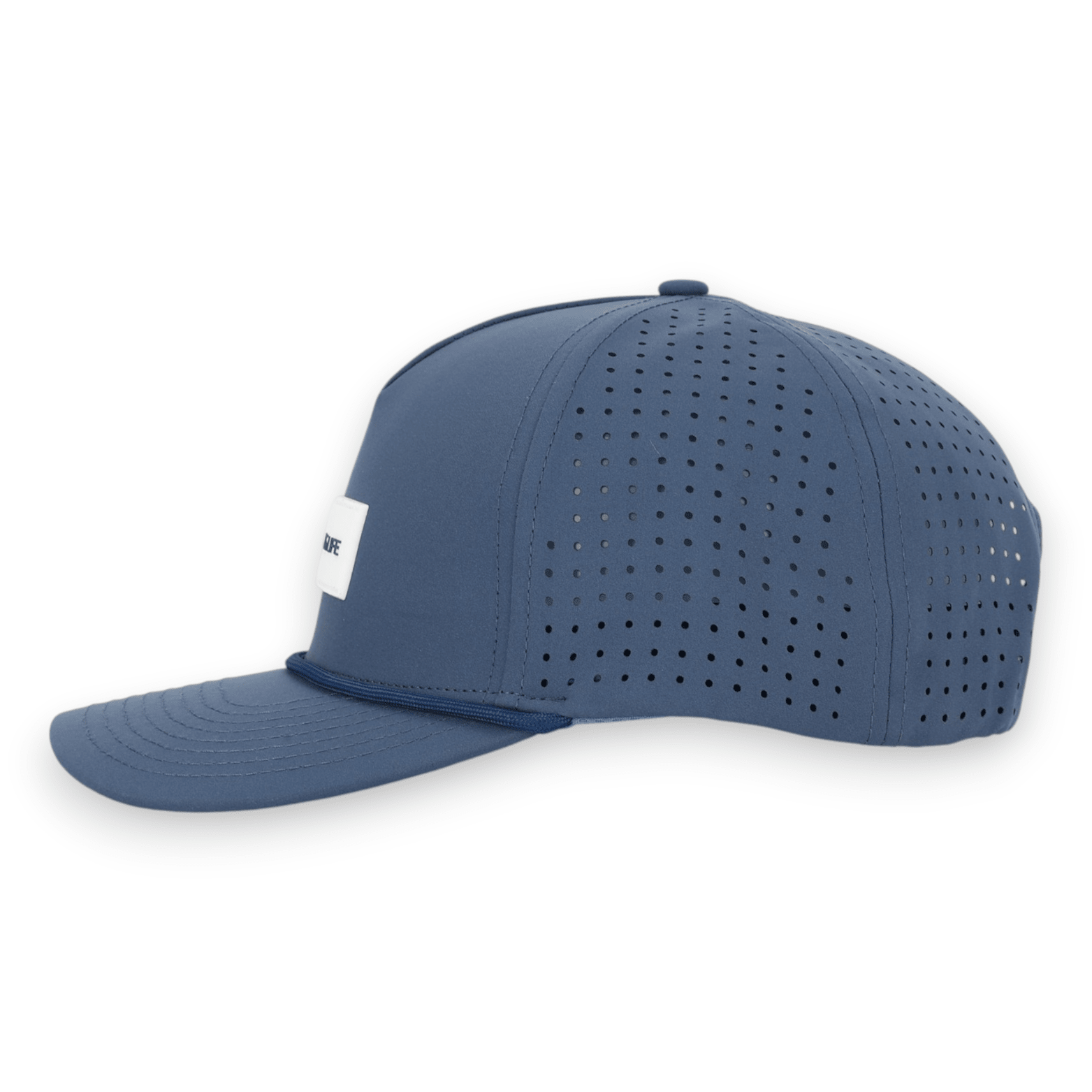 Good Life Golf Performance Icon Sandy Beach Blue Snapback with white front PVC patch blue front rope, water and sweat resistant perforated sides.  