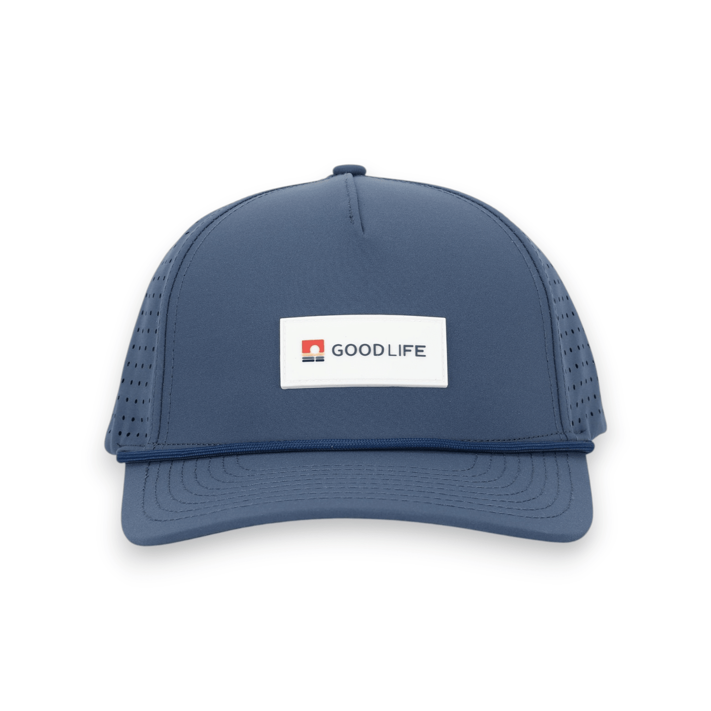 Good Life Golf Performance Icon Sandy Beach Blue Snapback with white front PVC patch blue front rope, water and sweat resistant perforated sides.  
