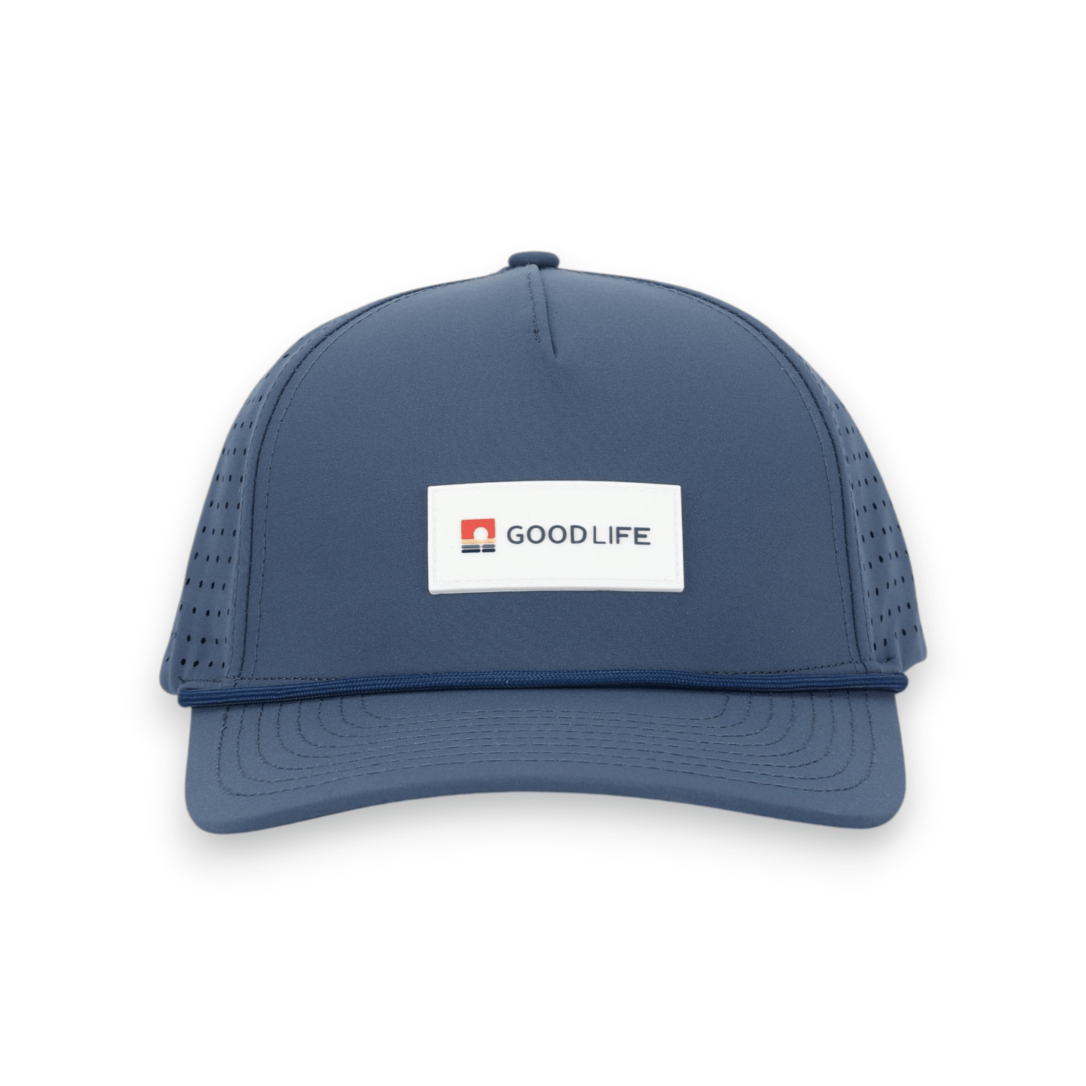 Good Life Golf Performance Icon Sandy Beach Blue Snapback with white front PVC patch blue front rope, water and sweat resistant perforated sides.  