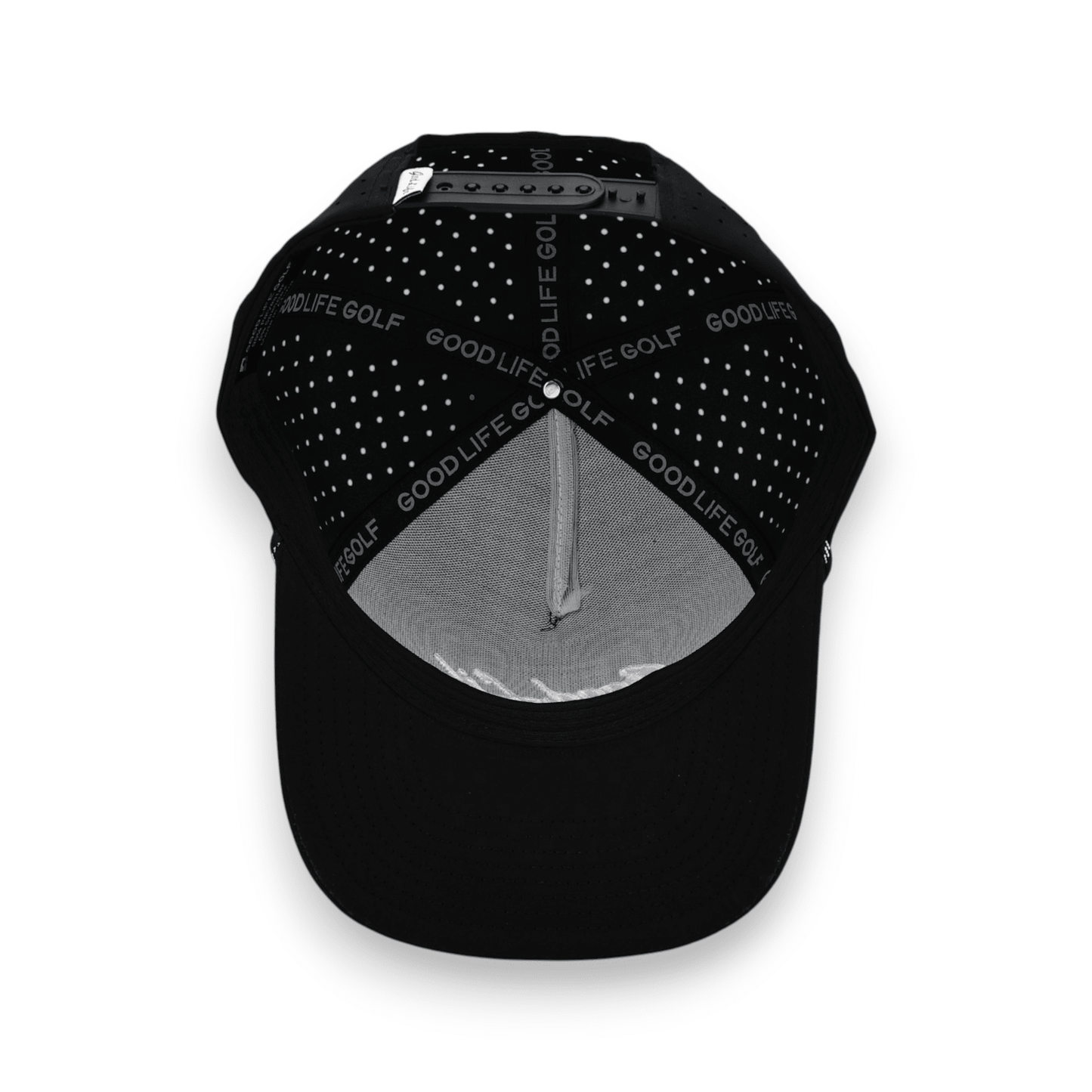 Good Life Golf Performance Black Phantom Snapback with water and sweat resistant perforated sides.  