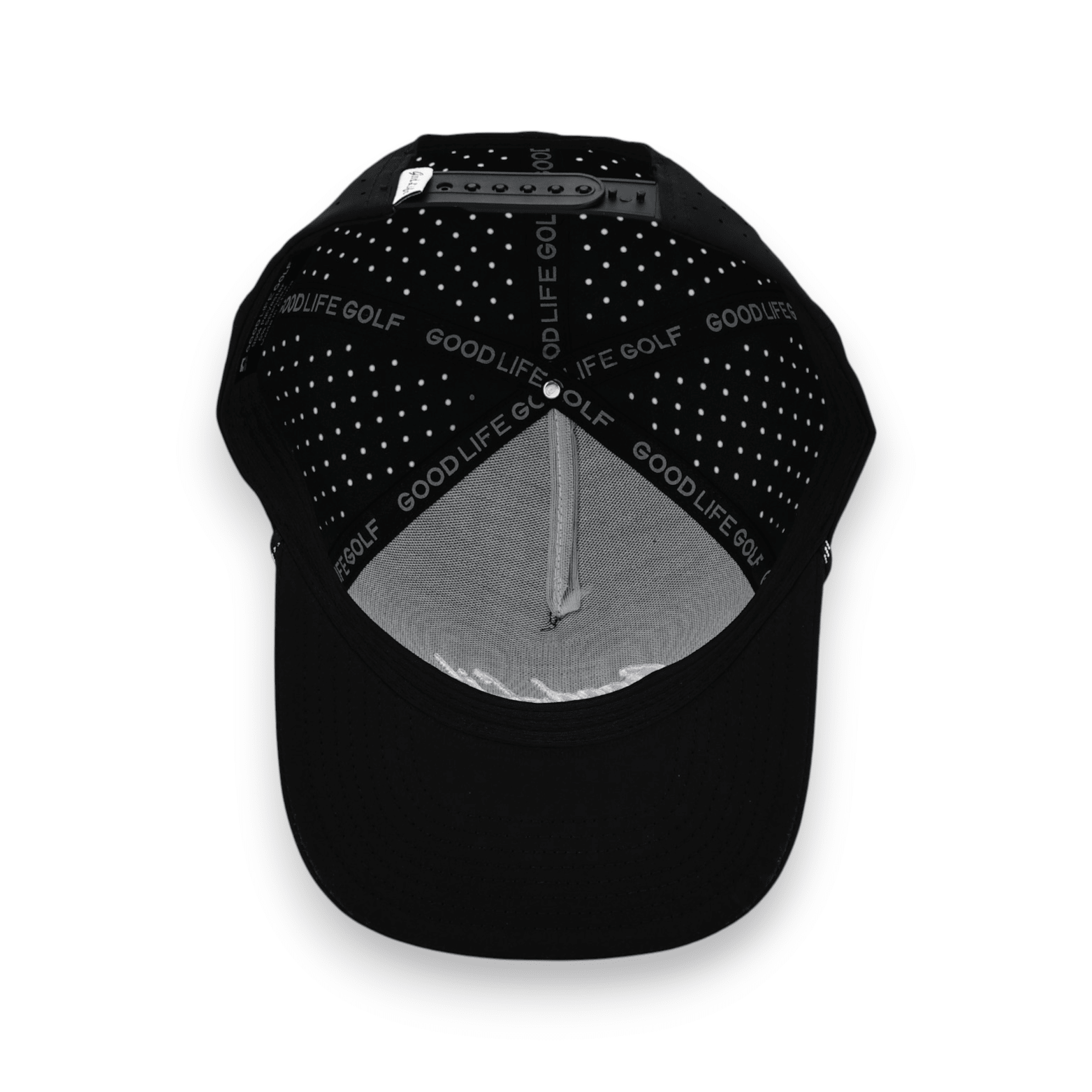Good Life Golf Performance Black Phantom Snapback with water and sweat resistant perforated sides.  