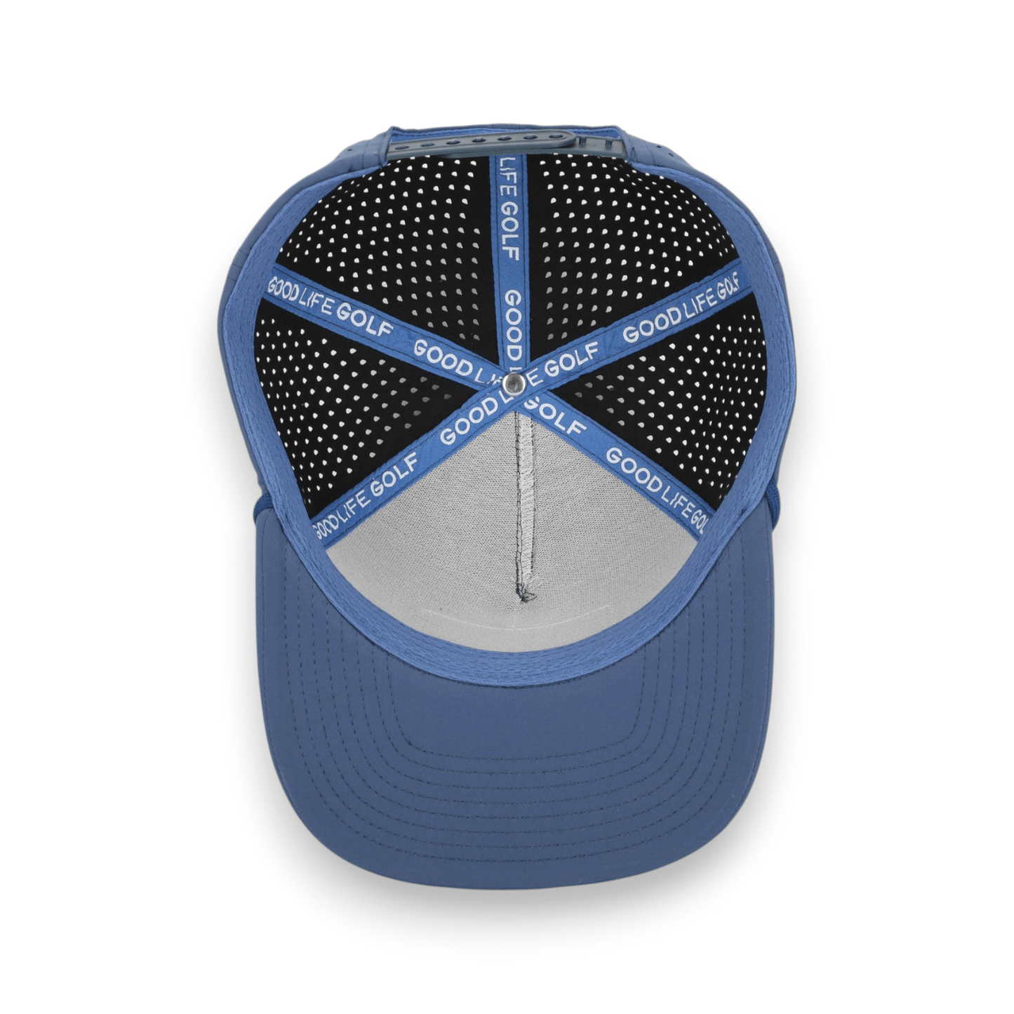 Good Life Golf Performance Sandy Beach Blue GLIFE Snapback with white PVC patch water and sweat resistant perforated sides.  