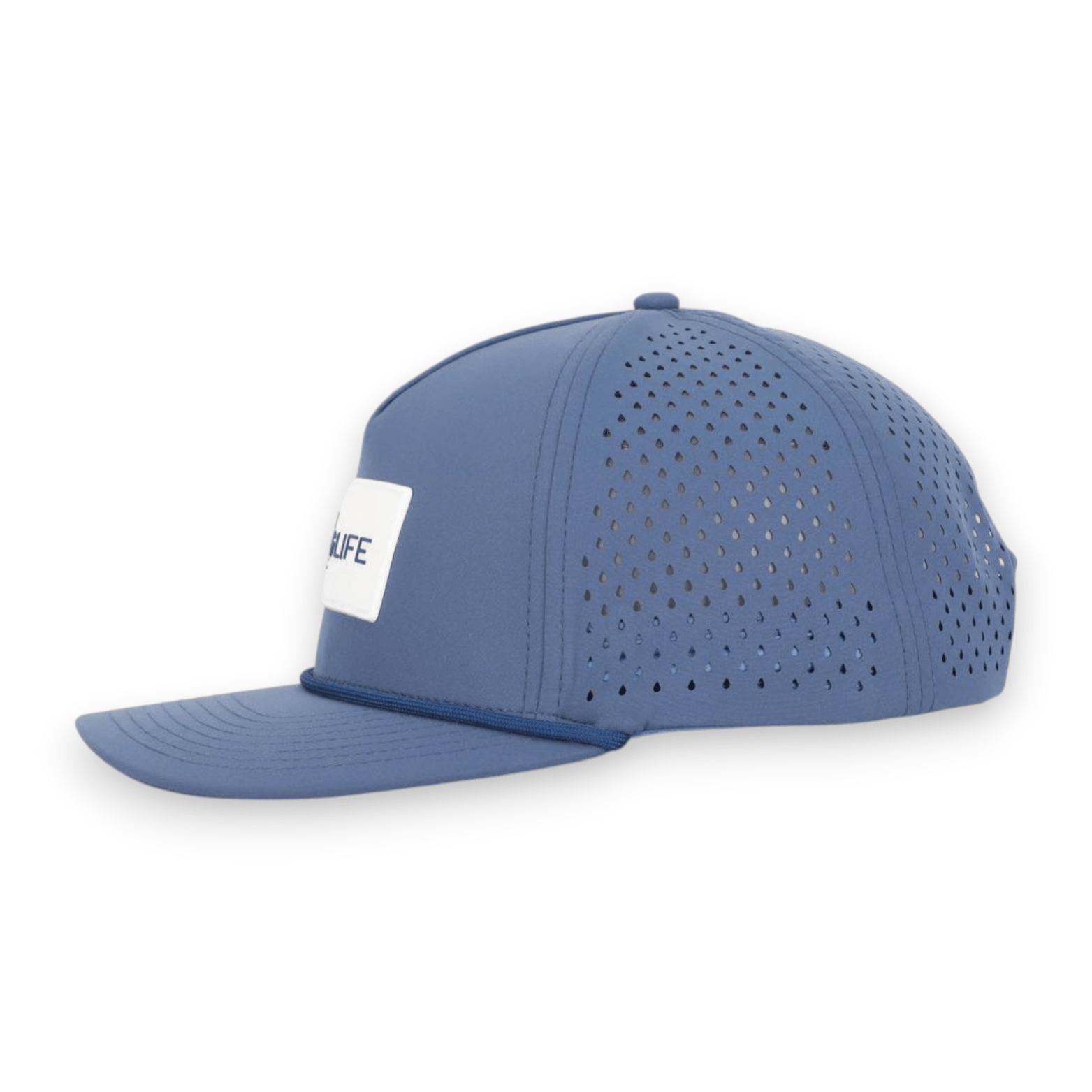 Good Life Golf Performance Sandy Beach Blue GLIFE Snapback with white PVC patch water and sweat resistant perforated sides.  