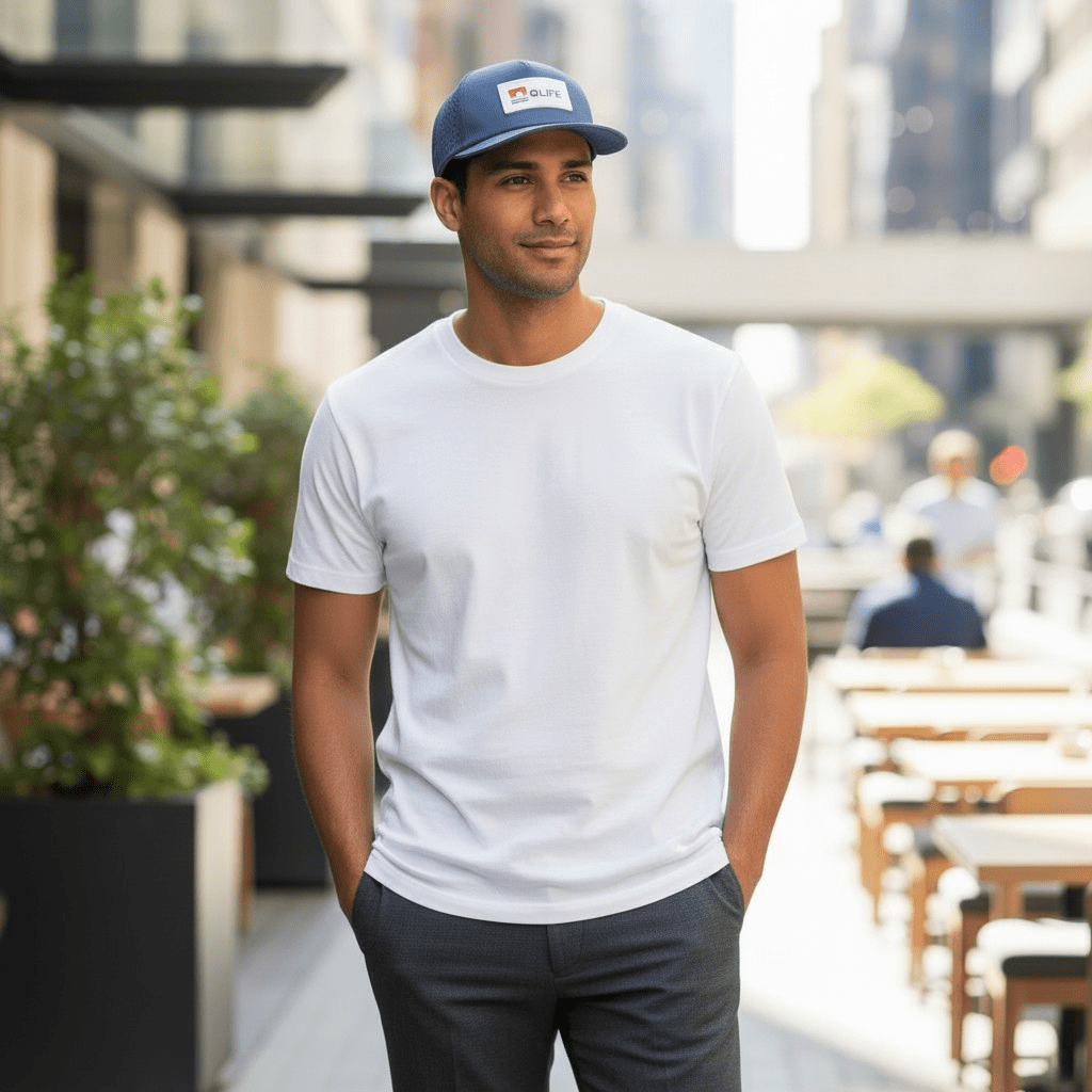 Man wearing a white t-shirt and Good Life Golf Performance Sandy Beach Blue GLIFE Snapback with white PVC patch water and sweat resistant perforated sides standing outdoors with blurred background