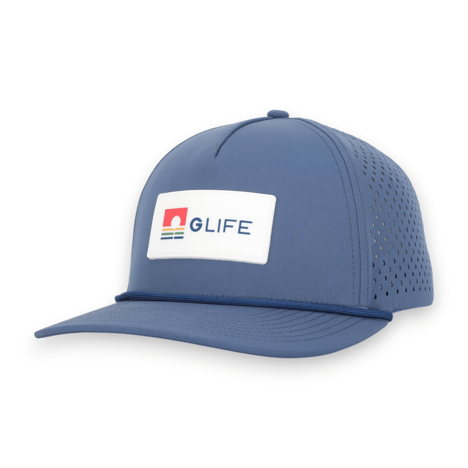 Good Life Golf Performance Sandy Beach Blue GLIFE Snapback with white PVC patch water and sweat resistant perforated sides.  