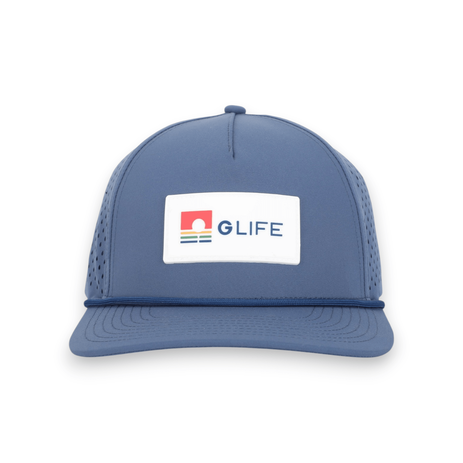 Good Life Golf Performance Sandy Beach Blue GLIFE Snapback with white PVC patch water and sweat resistant perforated sides.  