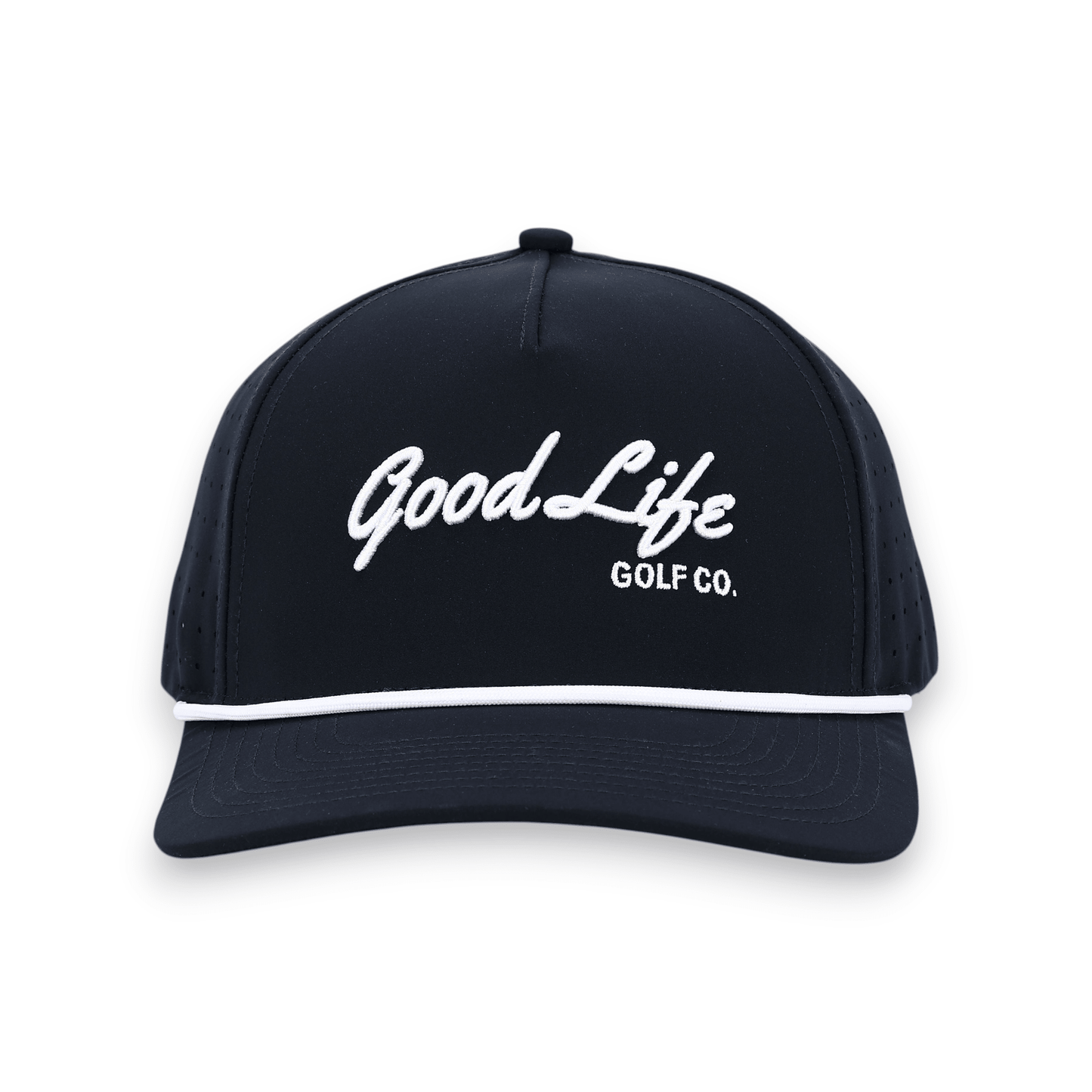 Good Life Golf Performance Navy Blue Captain Snapback with embroidered lettering white front rope, water and sweat resistant perforated sides.  