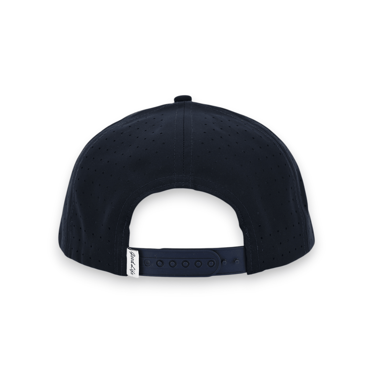 Good Life Golf Performance Navy Blue Captain Snapback with embroidered lettering white front rope, water and sweat resistant perforated sides.  