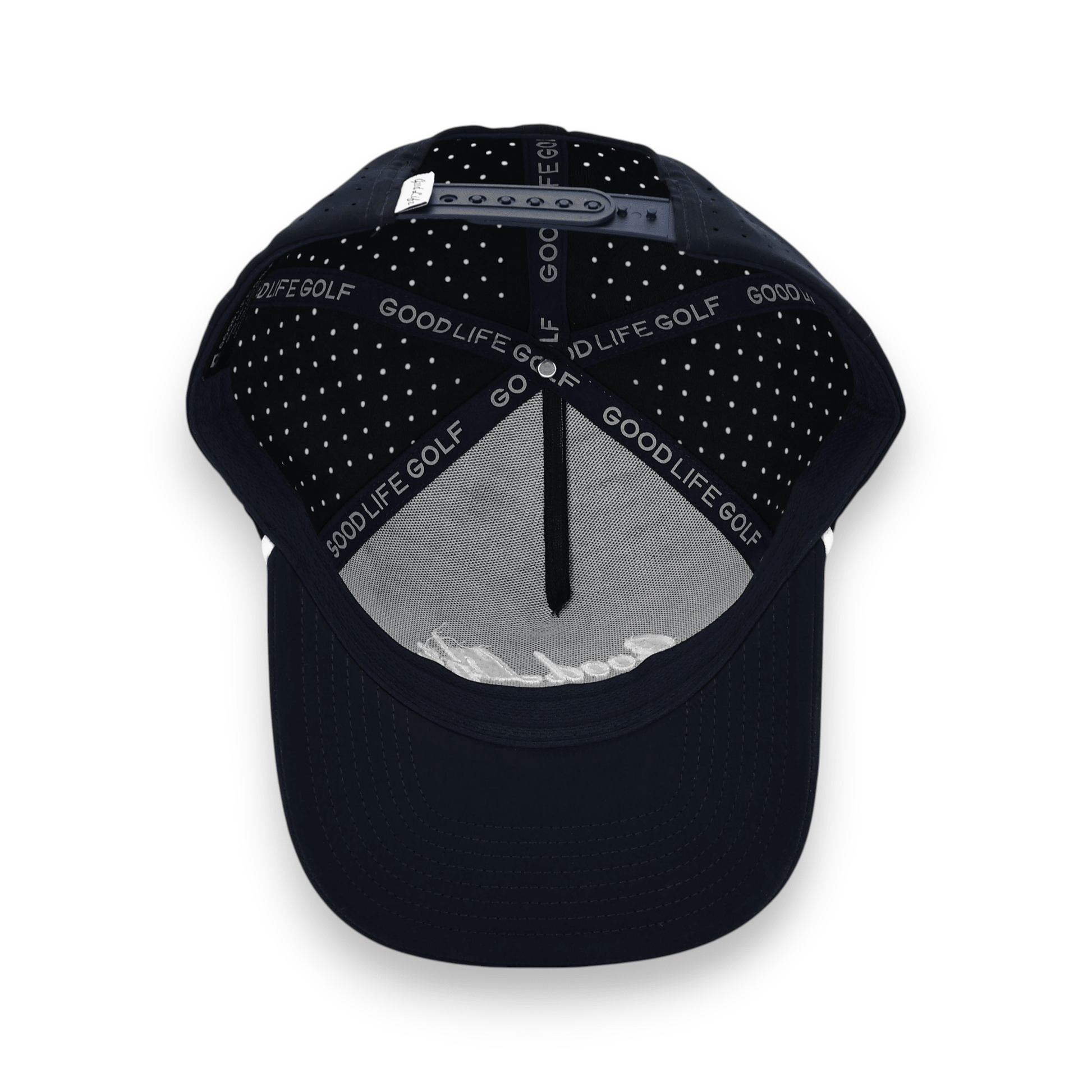 Good Life Golf Performance Navy Blue Captain Snapback with embroidered lettering white front rope, water and sweat resistant perforated sides.  
