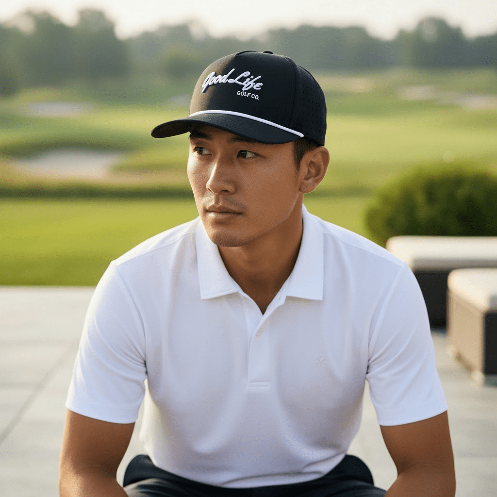 Young male sitting at a golf course wearing a Good Life Golf Performance Navy Blue Captain Snapback with embroidered lettering white front rope, water and sweat resistant perforated sides.  