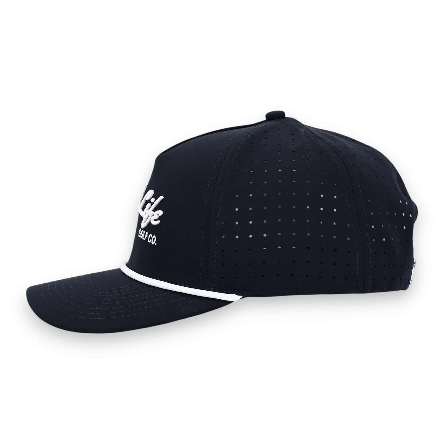 Good Life Golf Performance Navy Blue Captain Snapback with embroidered lettering white front rope, water and sweat resistant perforated sides.  