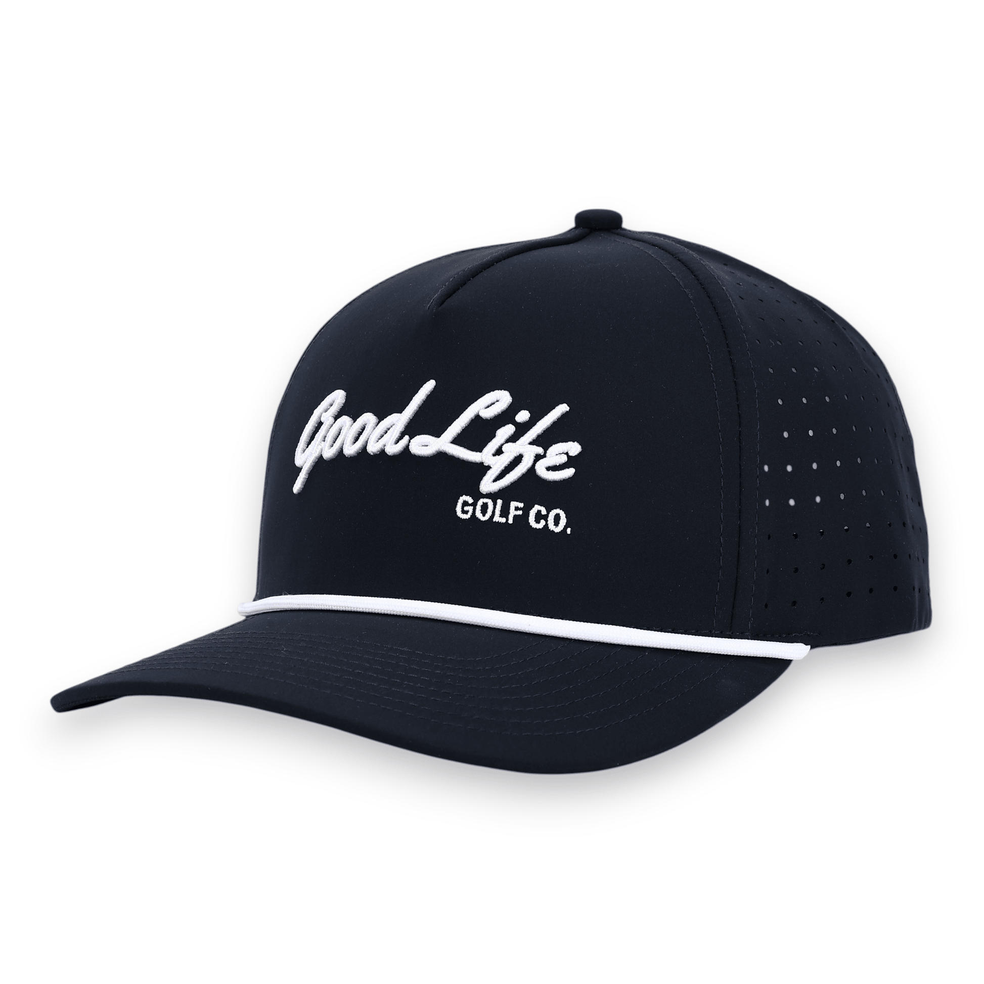 Good Life Golf Performance Navy Blue Captain Snapback with embroidered lettering white front rope, water and sweat resistant perforated sides.  